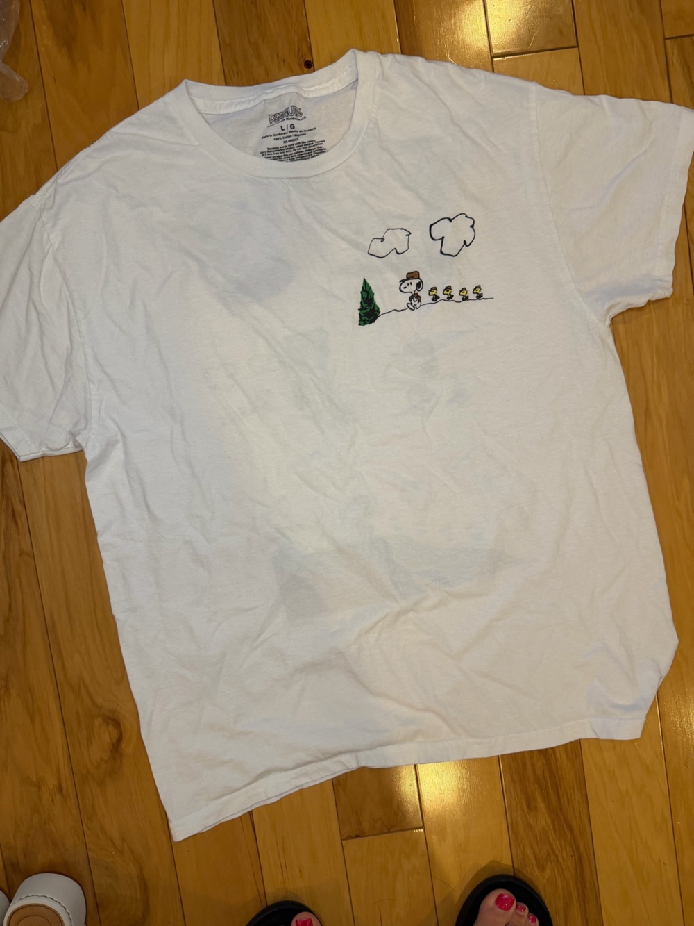 Peanuts Snoopy White Cotton Tee with Snoopy Hiking Trail on Back